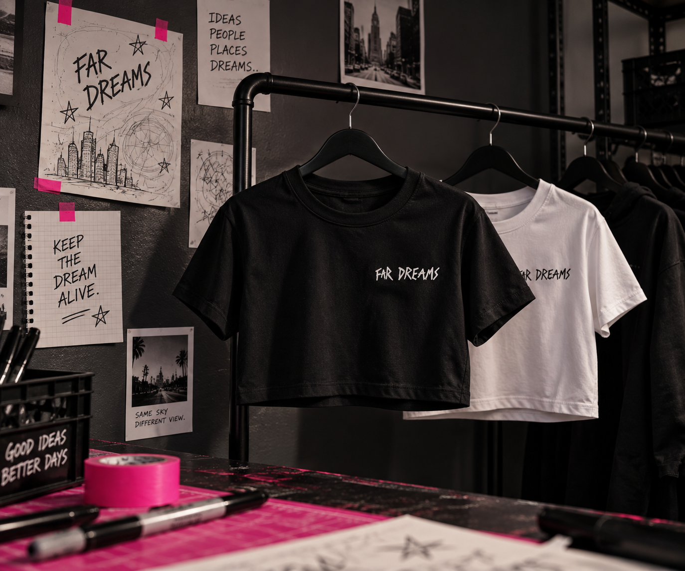Black and white FAR DREAMS crop tops hanging in the brand's creative workspace