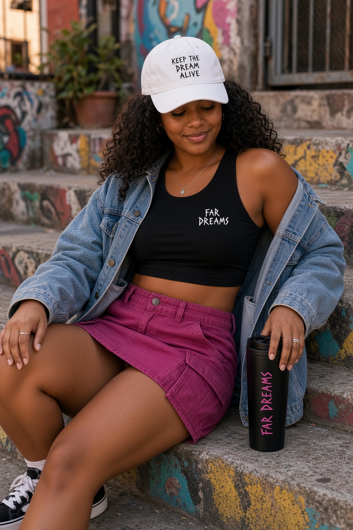 Woman wearing a FAR DREAMS cap and top while holding a branded tumbler