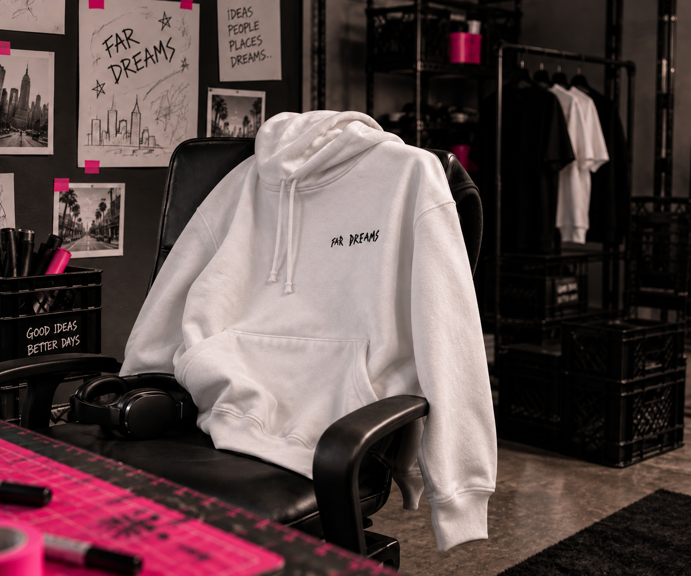 White FAR DREAMS hooded jacket displayed in the brand's creative workspace
