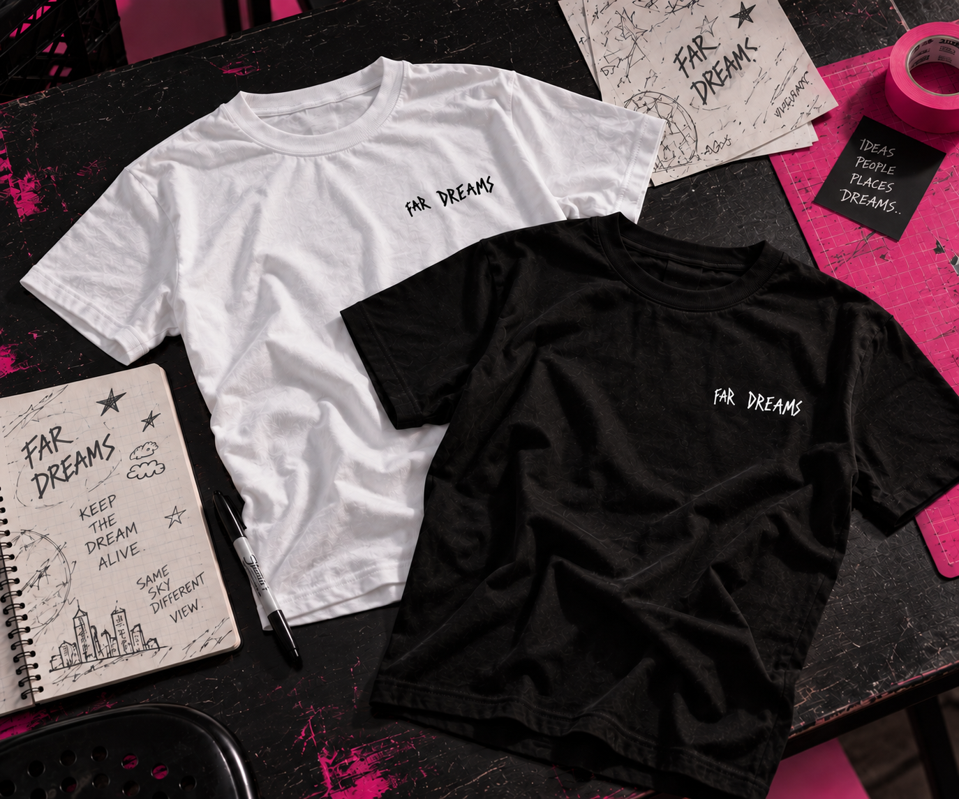 Black and white FAR DREAMS T-shirts arranged on a creative worktable